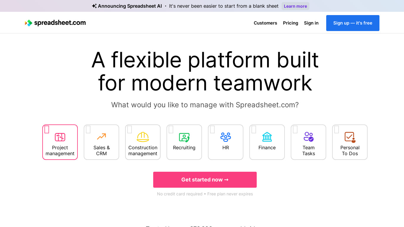Spreadsheet.com Landing page