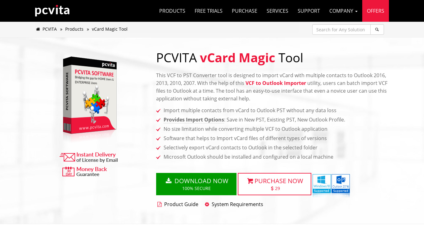 PCVITA vCard Magic Landing page