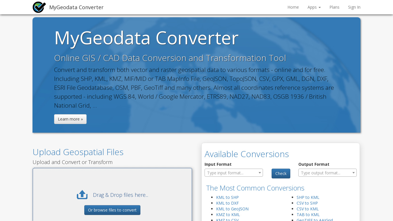 MyGeodata Converter Landing page