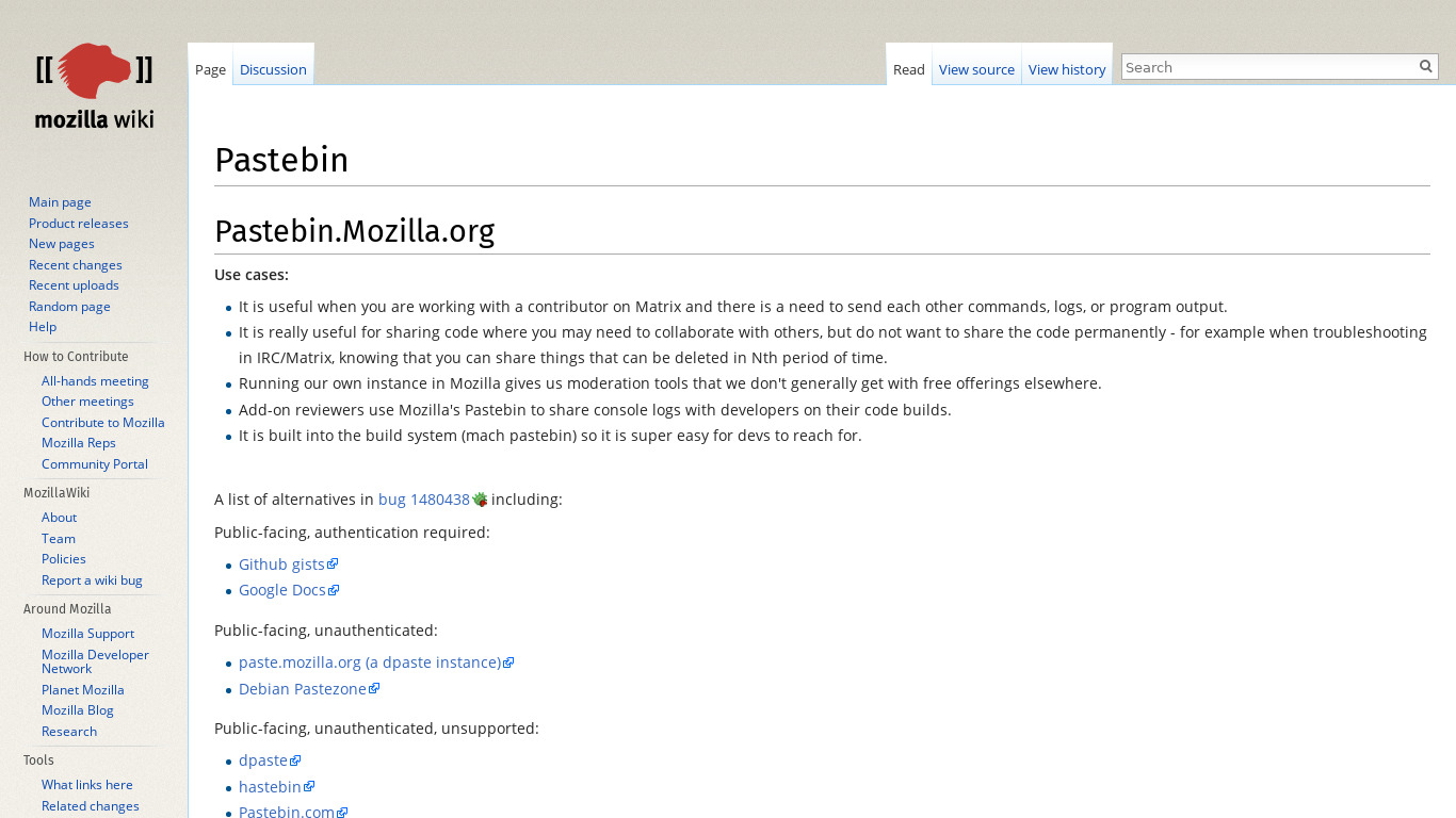 Mozilla Pastebin Landing page