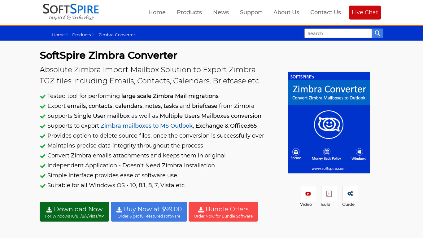 SoftSpire Zimbra Converter Landing page