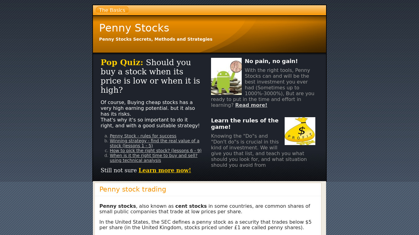Penny Stocks - Trading Course Landing page