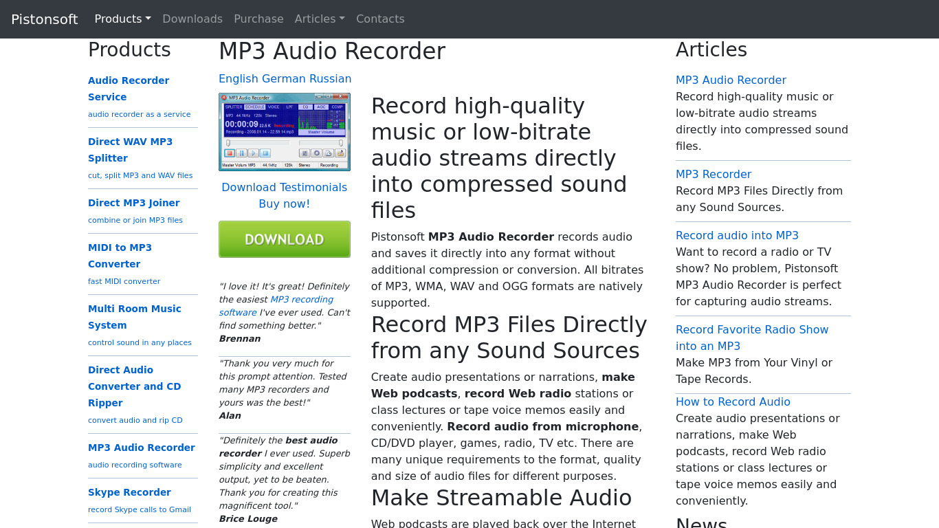 Pistonsoft MP3 Audio Recorder Landing page