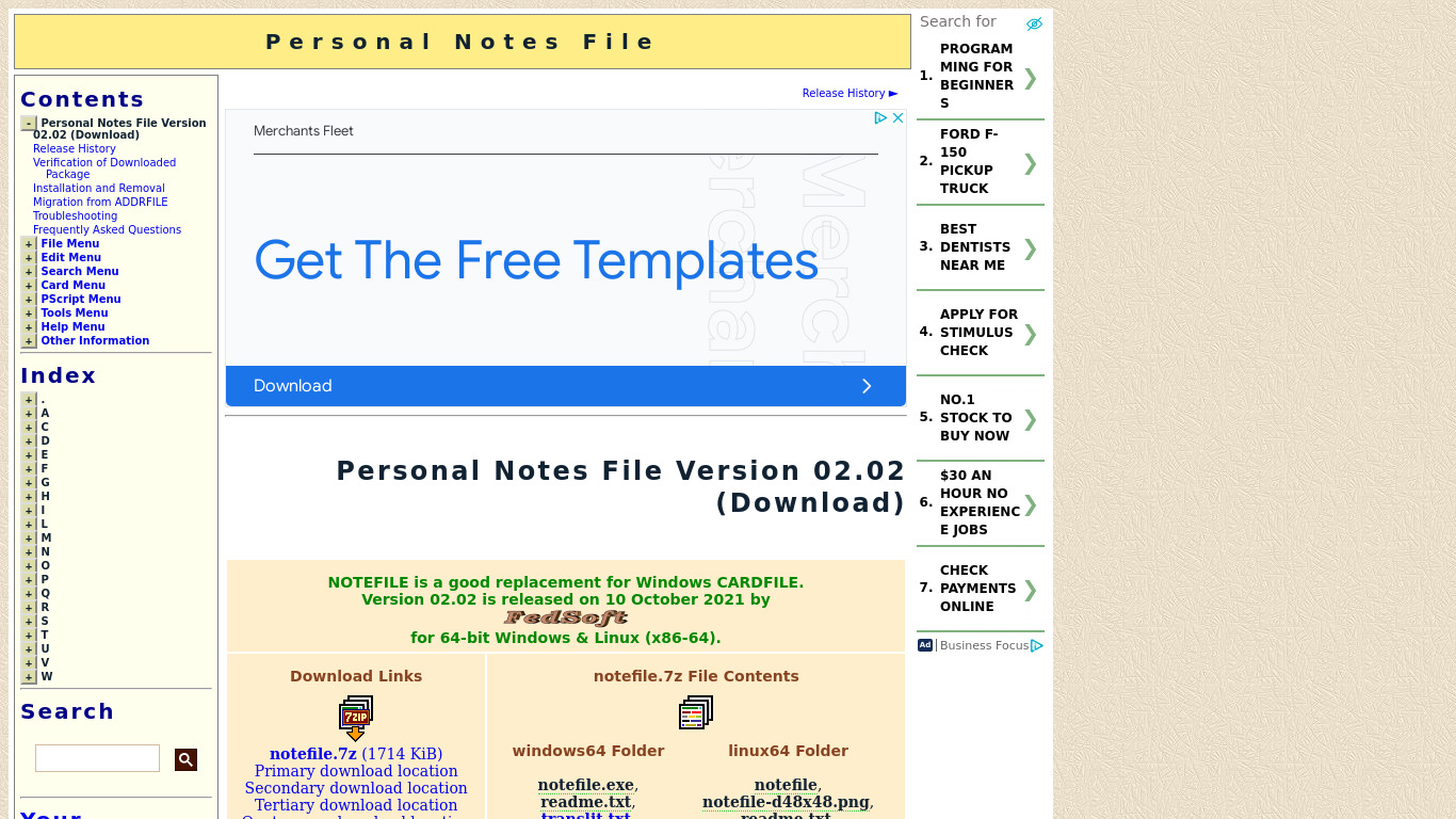 Personal Notes File Landing page