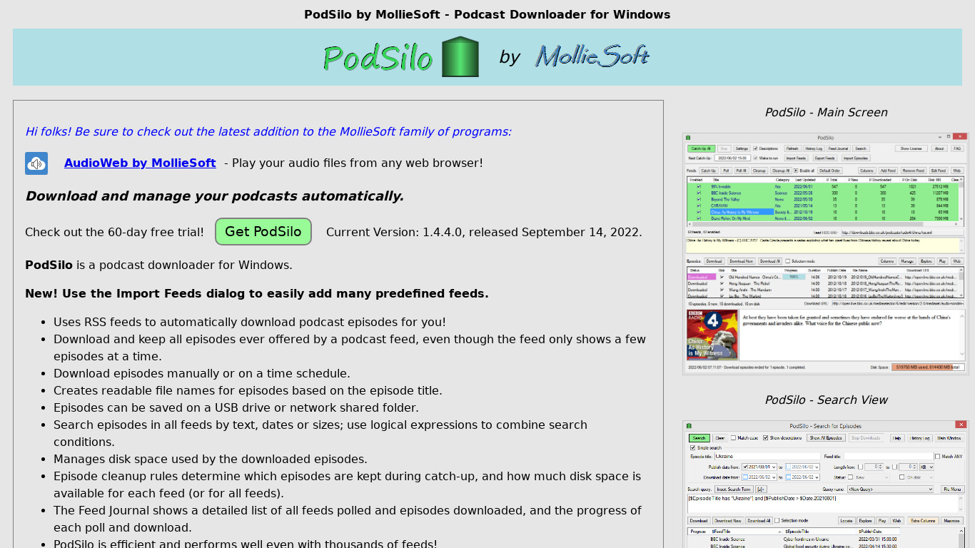 PodSilo by MollieSoft Landing page