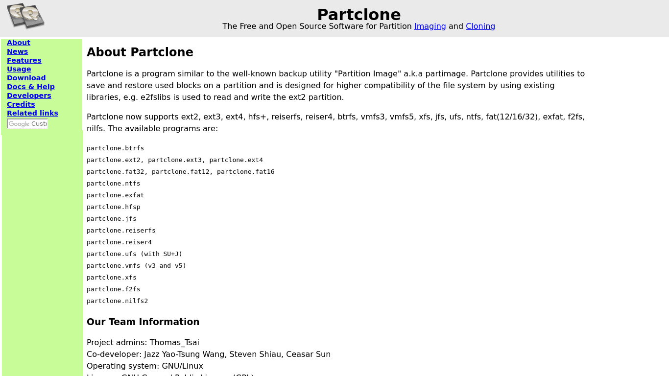 Partclone Landing page