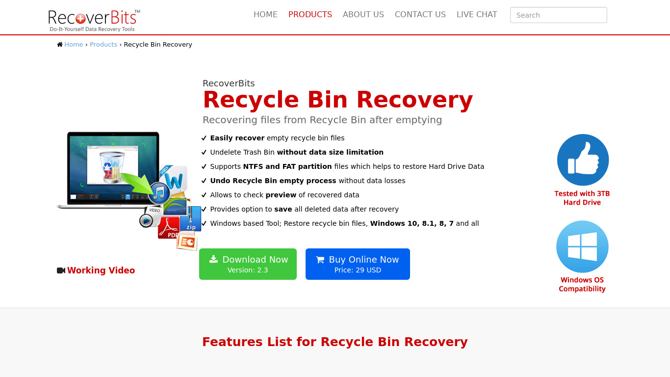 RecoverBits Recycle Bin Recovery Landing page
