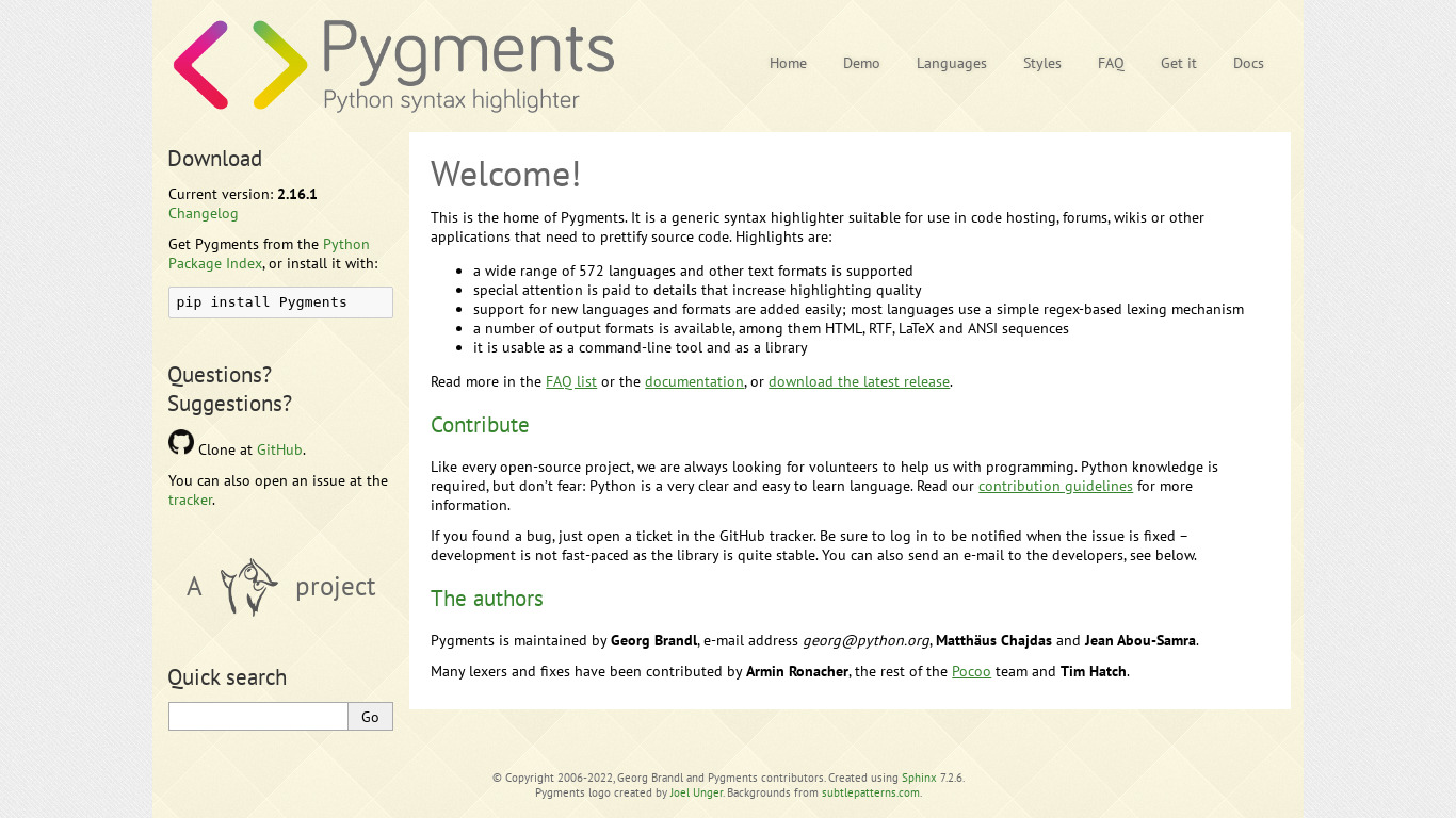 Pygments Landing page