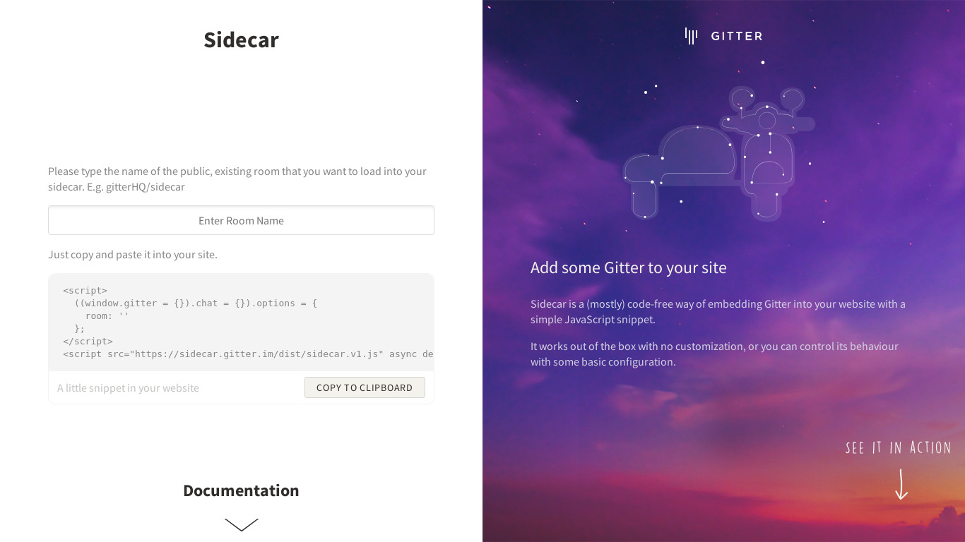Sidecar by Gitter Landing page