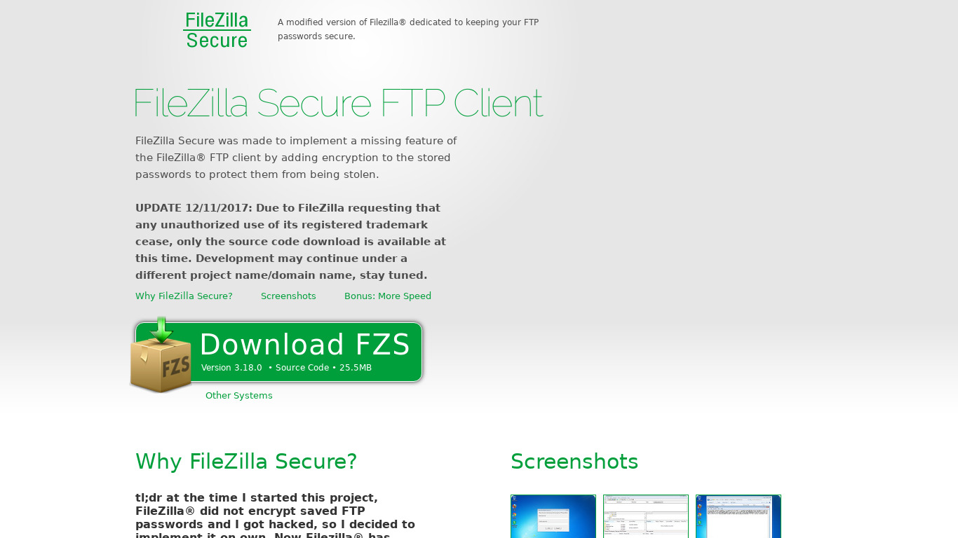 FileZilla Secure Landing page