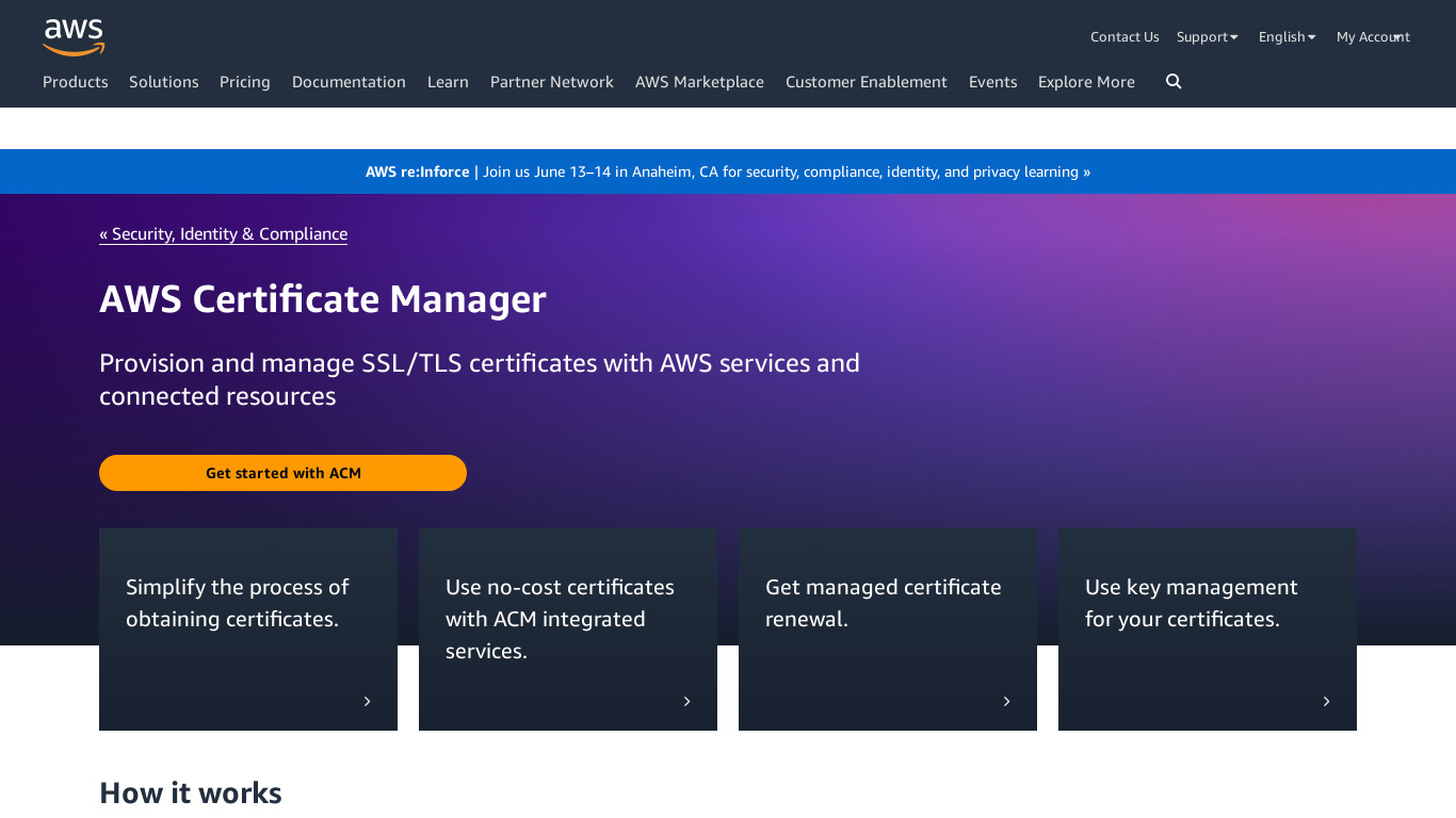 AWS Certificate Manager Landing page