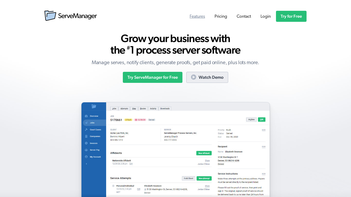 ServeManager Landing page
