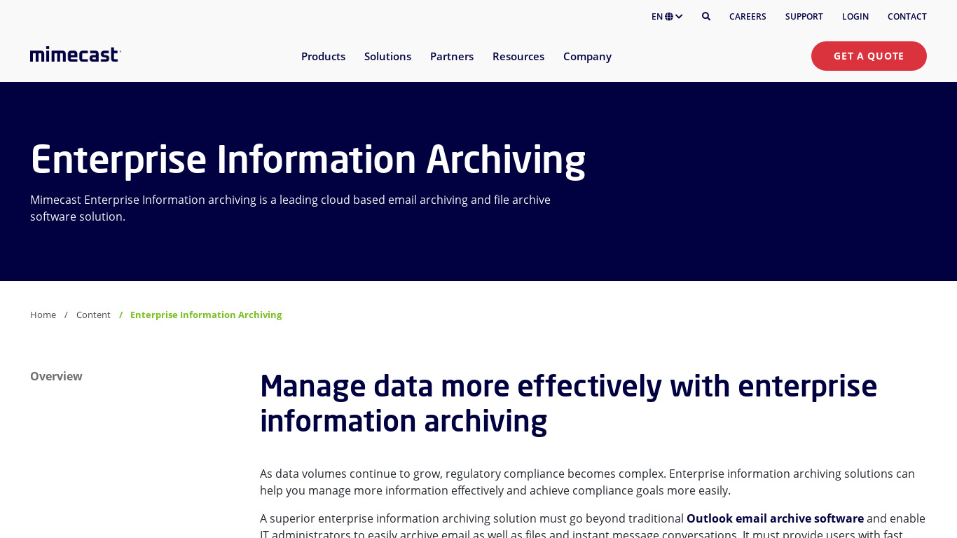 Mimecast Enterprise Information Archiving Landing page