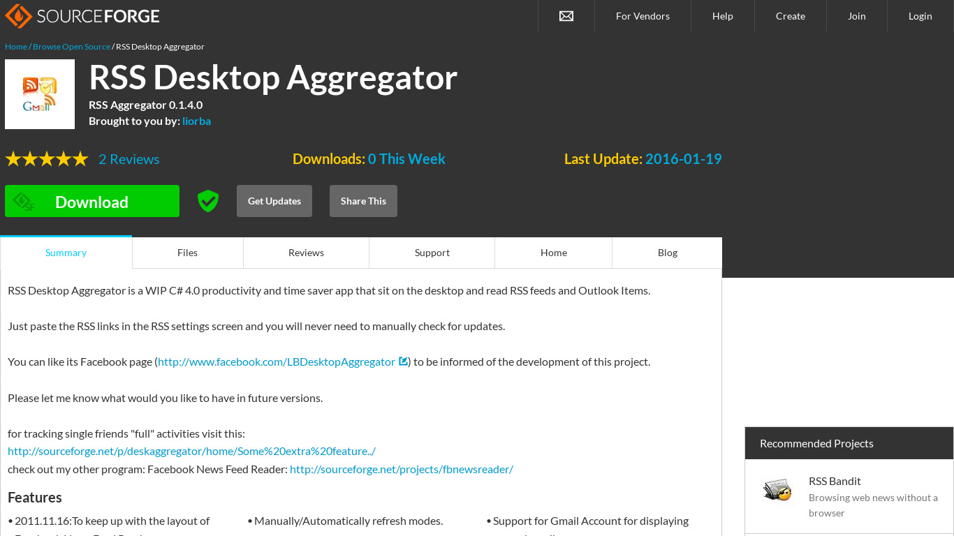 RSS Desktop Aggregator Landing page