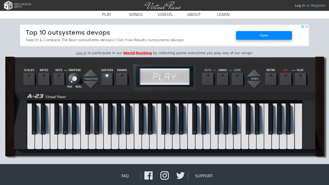 Recursive Arts Virtual Piano Landing page