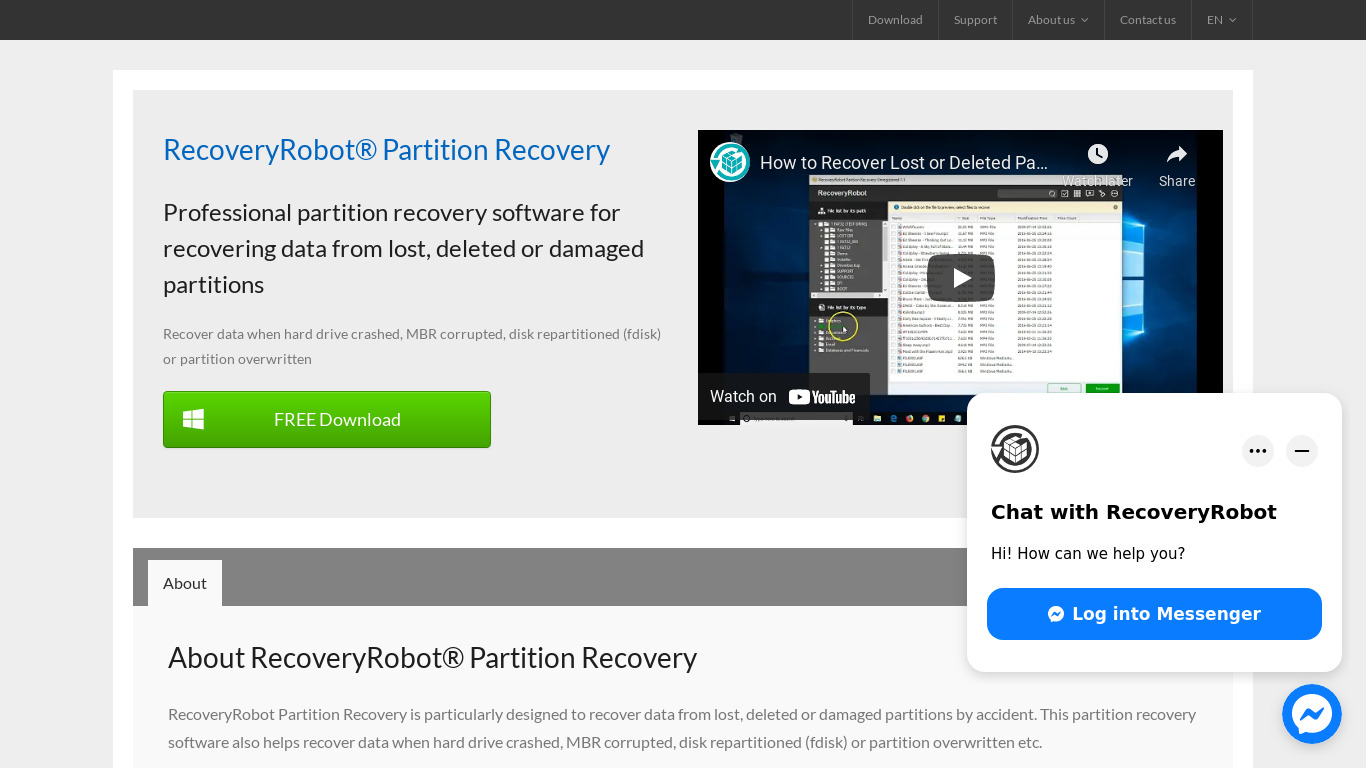 RecoveryRobot Partition Recovery Landing page