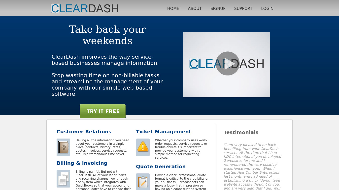 ClearDash Landing page