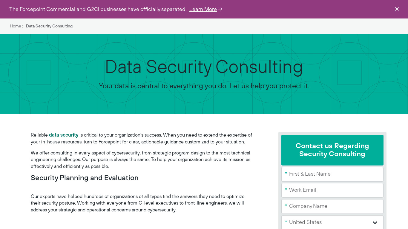 Forcepoint Data Security Consulting Landing page