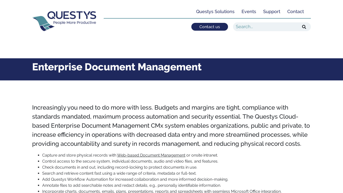 Questys Enterprise Content Management Landing page