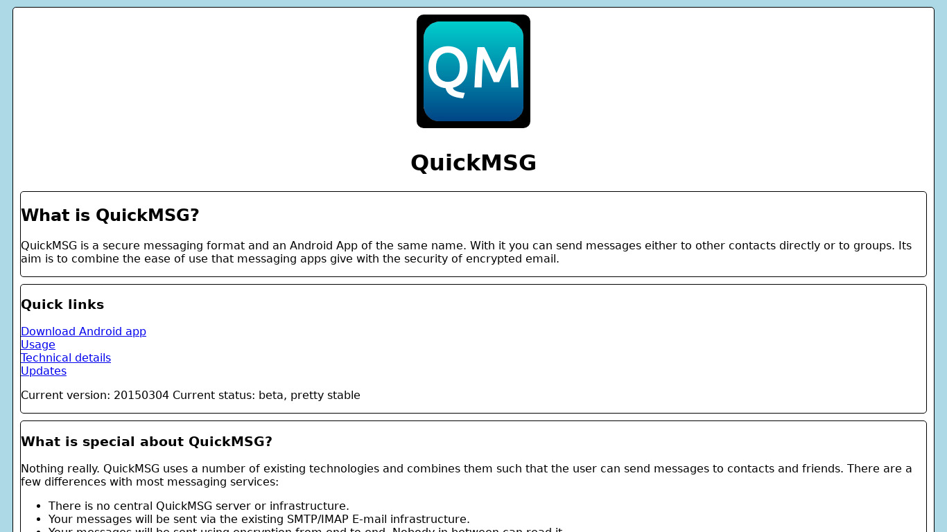 QuickMSG Landing page