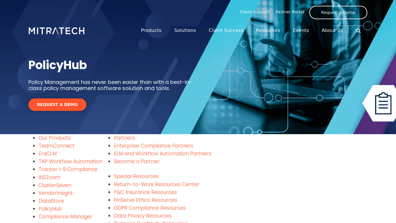 Mitratech PolicyHub Landing page