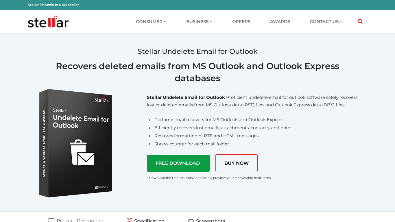 Stellar Phoenix Deleted Email Recovery Landing page