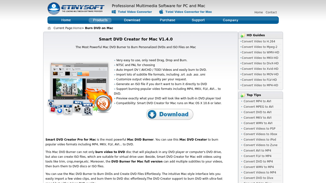 Smart DVD Creator Landing page