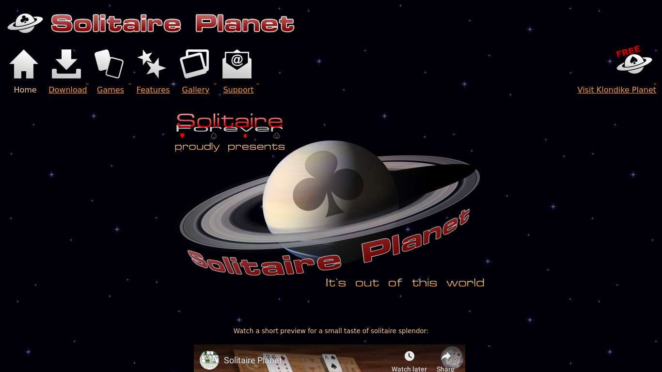 Solitaire Planet Landing page