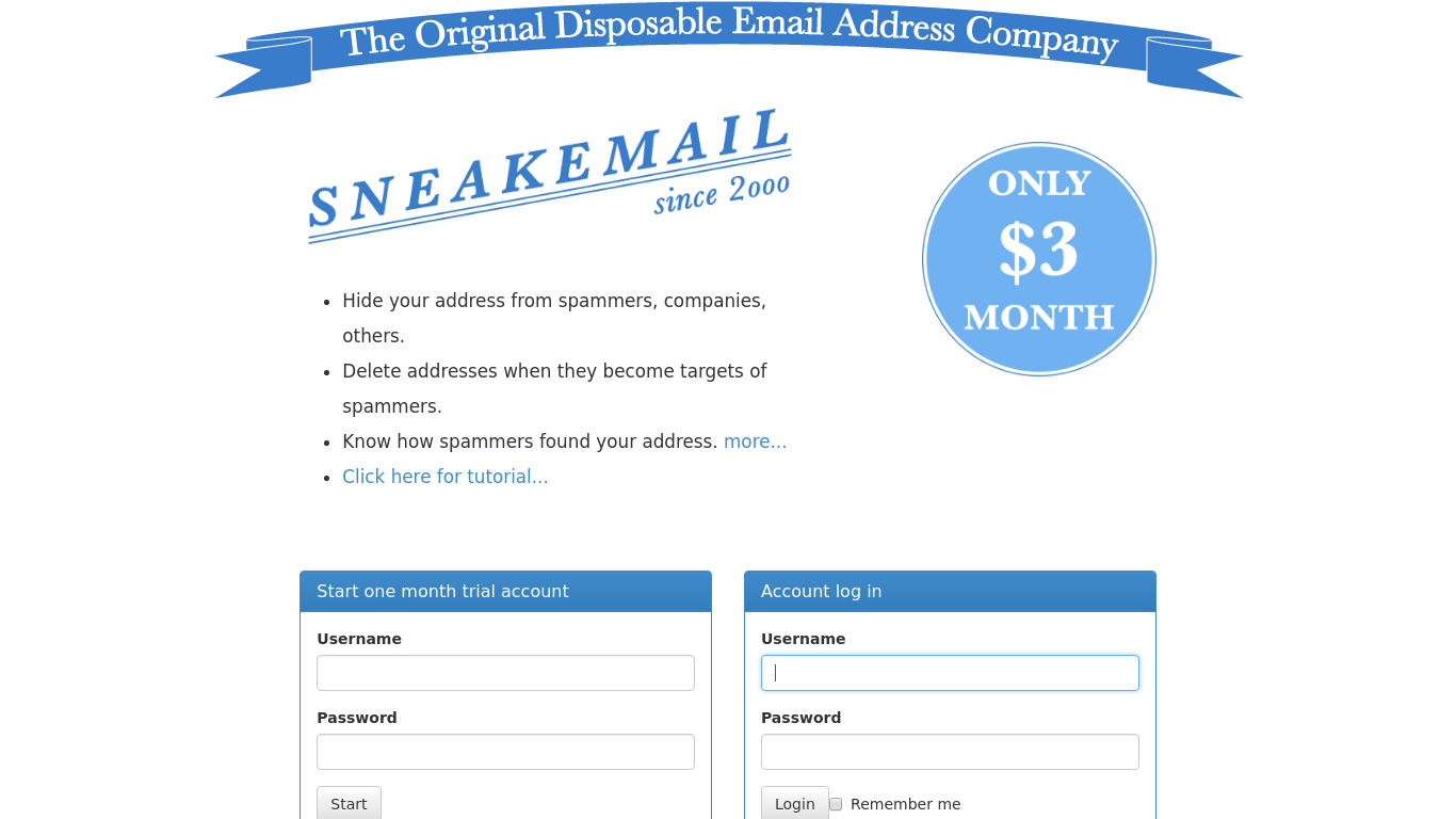 Sneakemail Landing page