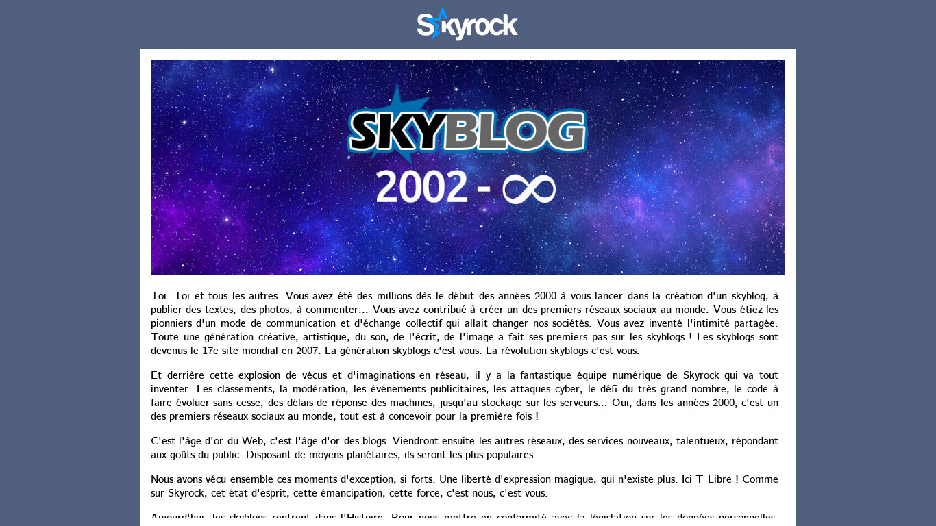 Skyrock Landing page