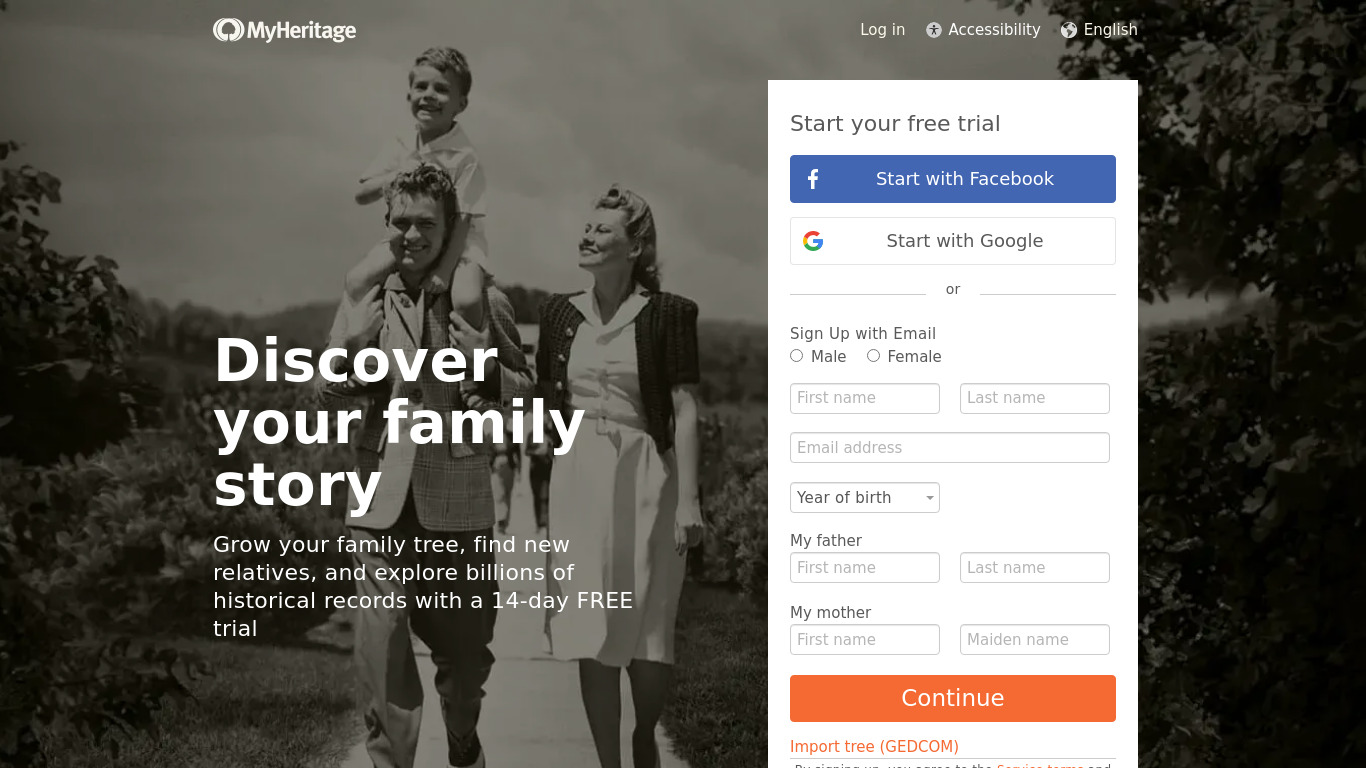 MyHeritage Landing page