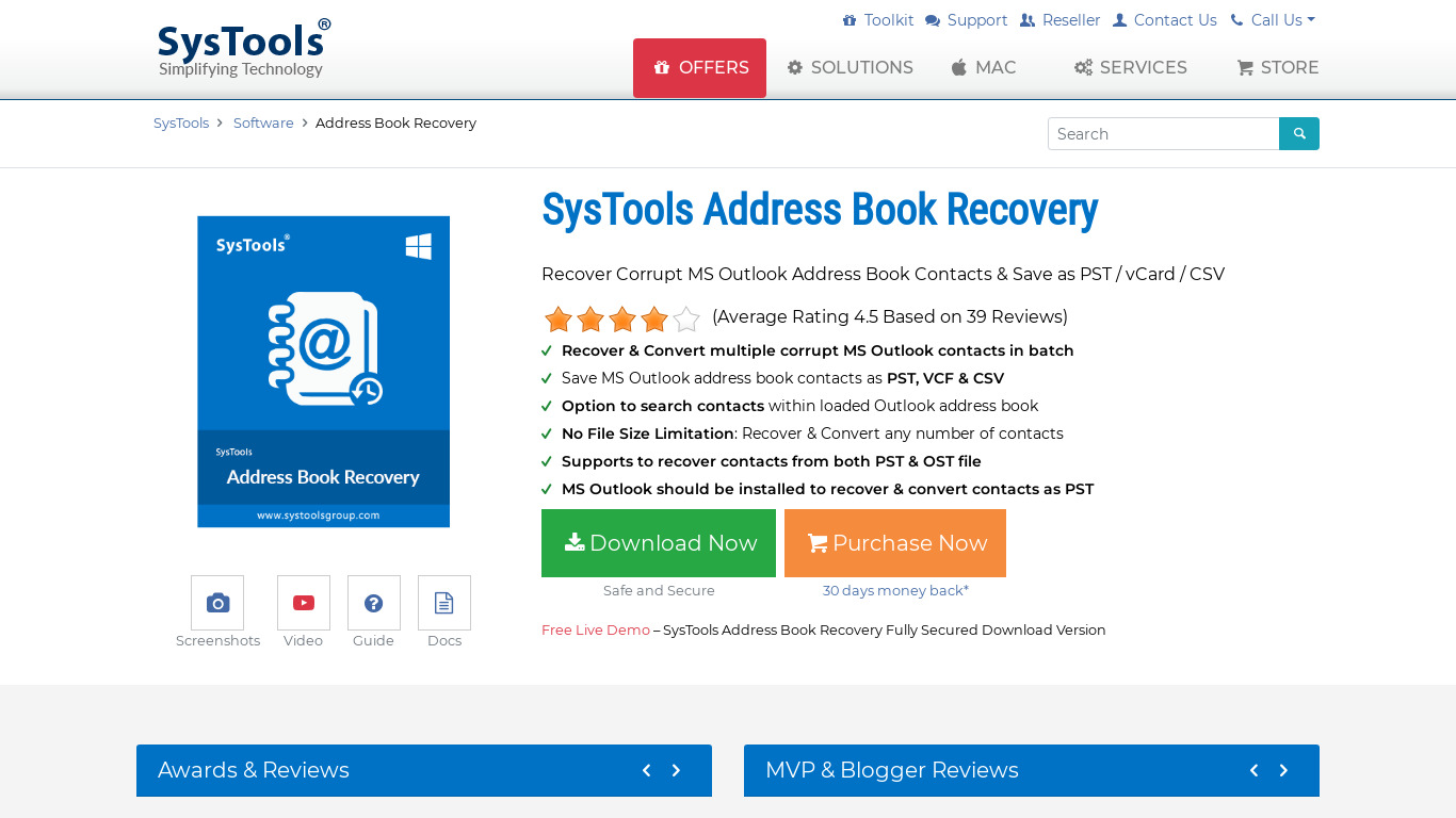SysTools Address Book Recovery Landing page