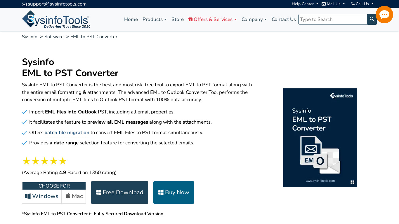 SysInfo EML to PST Converter Landing page