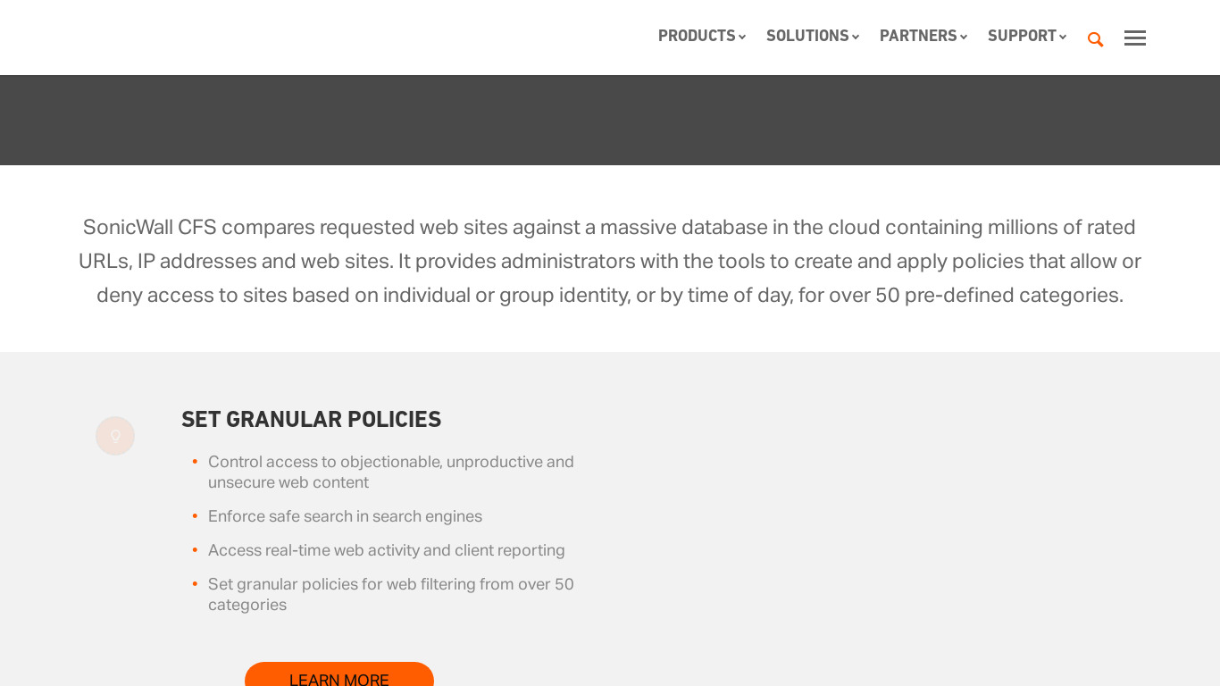 SonicWall Web Content Filtering Services Landing page