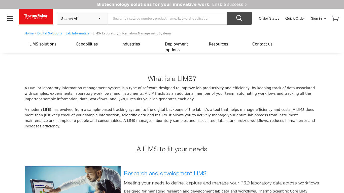 Thermo Fisher Scientific LIMS Landing page