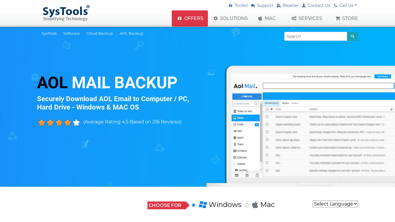 SysTools AOL Backup Landing page