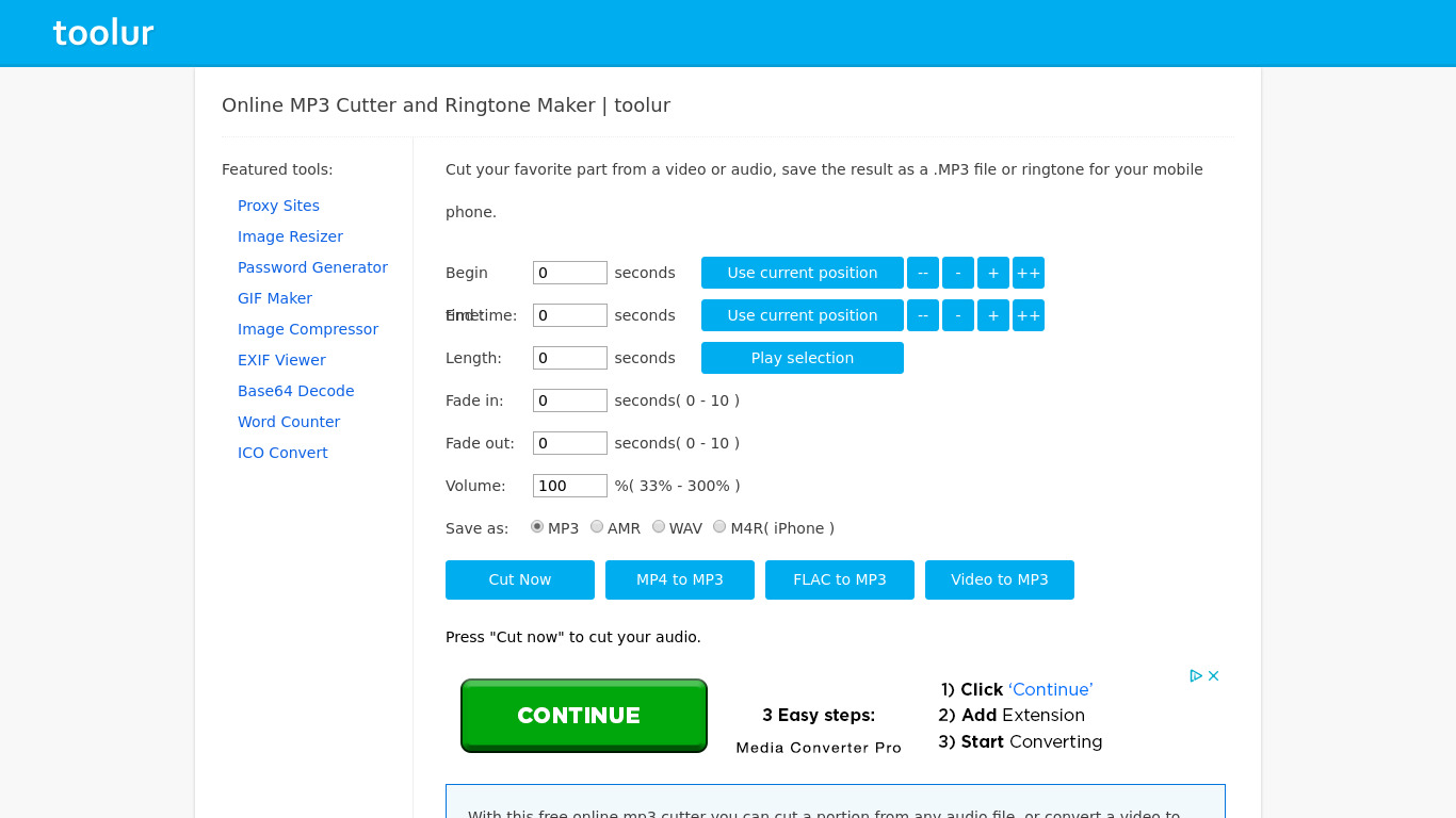 Toolur MP3 Cutter Landing page