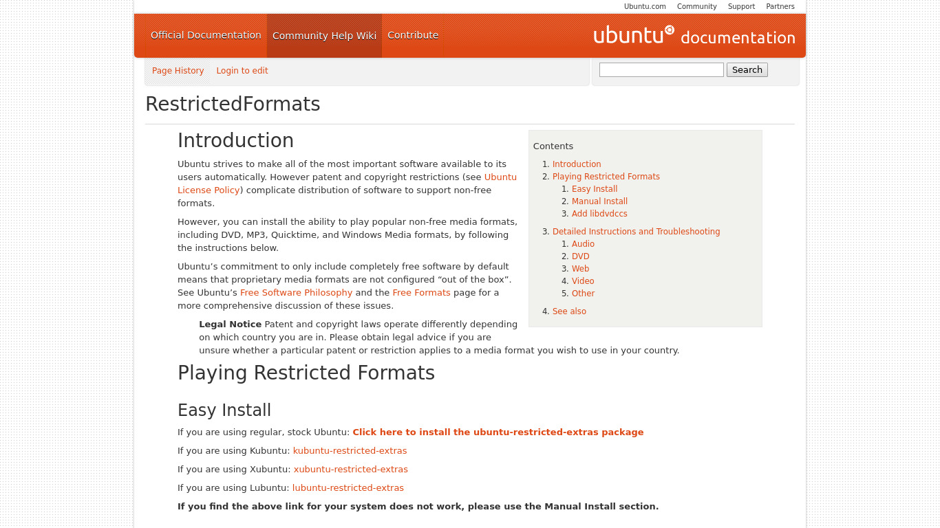 Ubuntu Restricted Extras Landing page