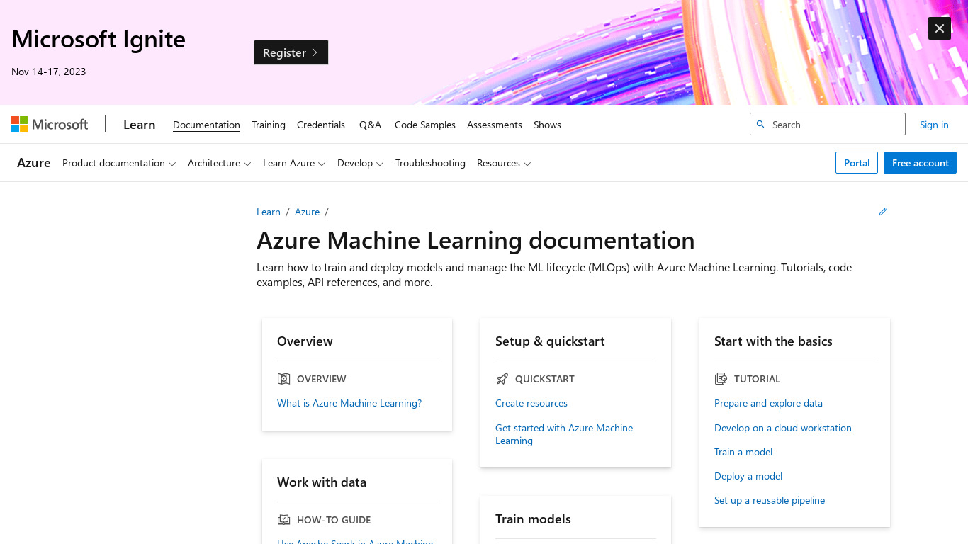 Microsoft Azure Machine Learning Workbench Landing page