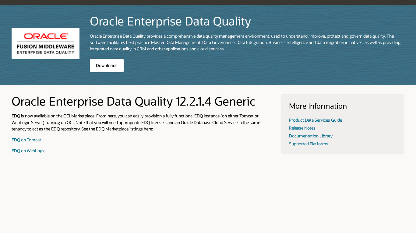 Oracle Data Quality Landing page