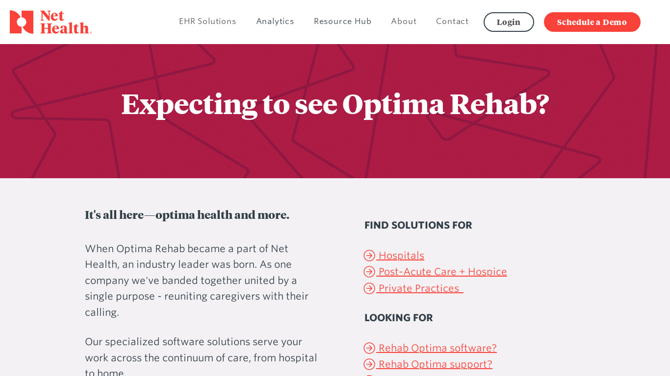 Optima Therapy for SNFs Landing page
