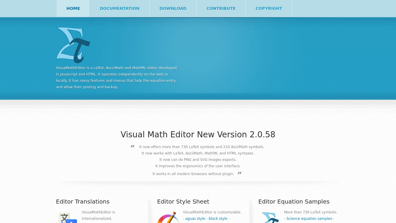 Visual Math Editor Landing page