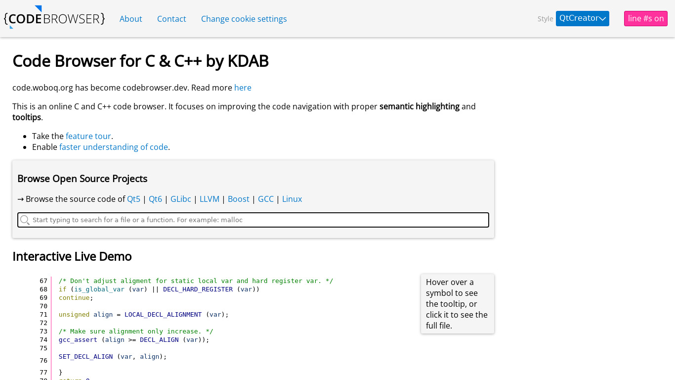 Woboq Code Browser Landing page