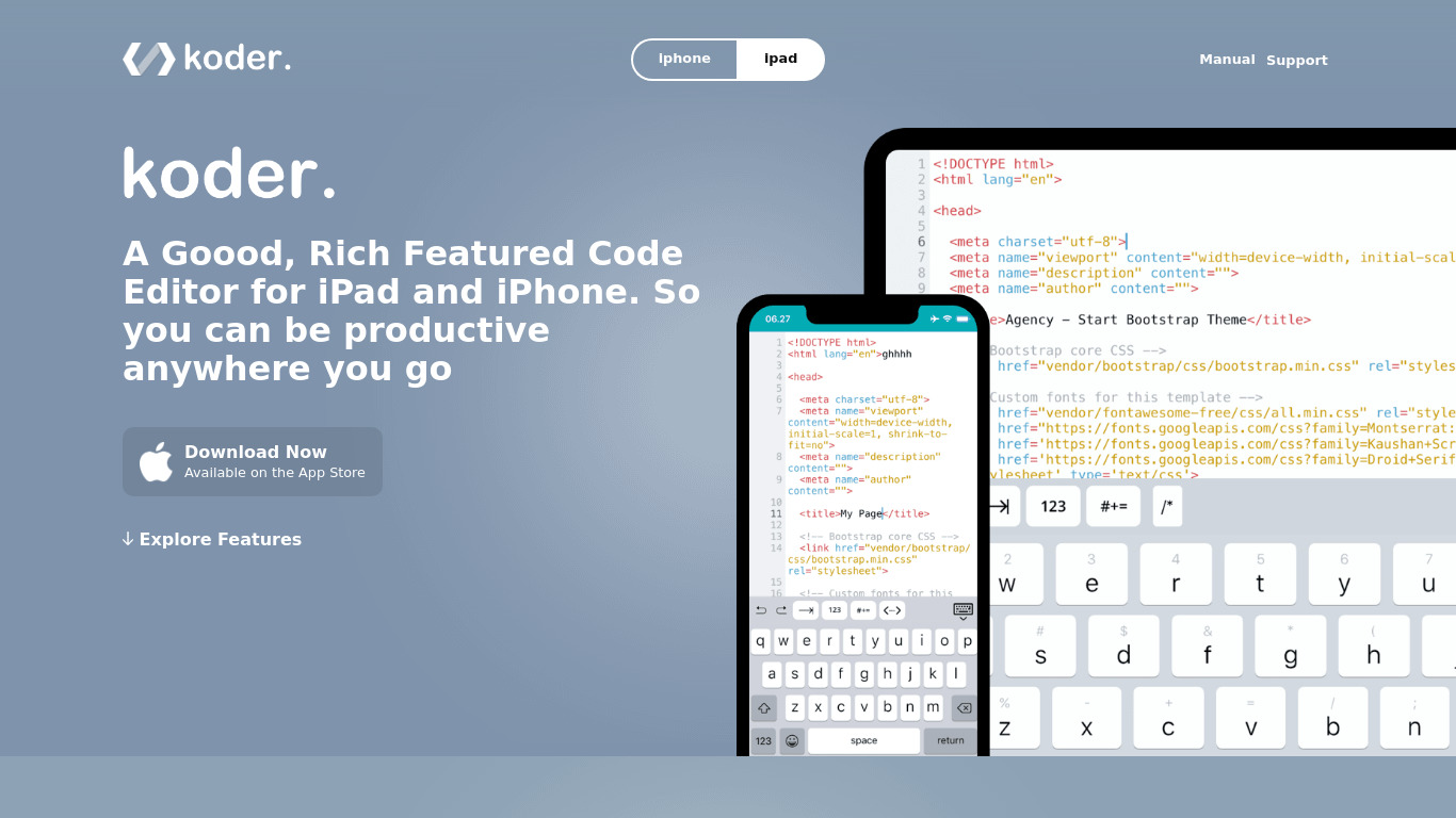 Koder Code Editor Landing page