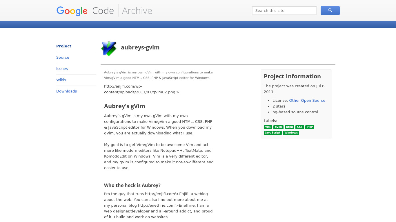 Aubrey's gVim Landing page