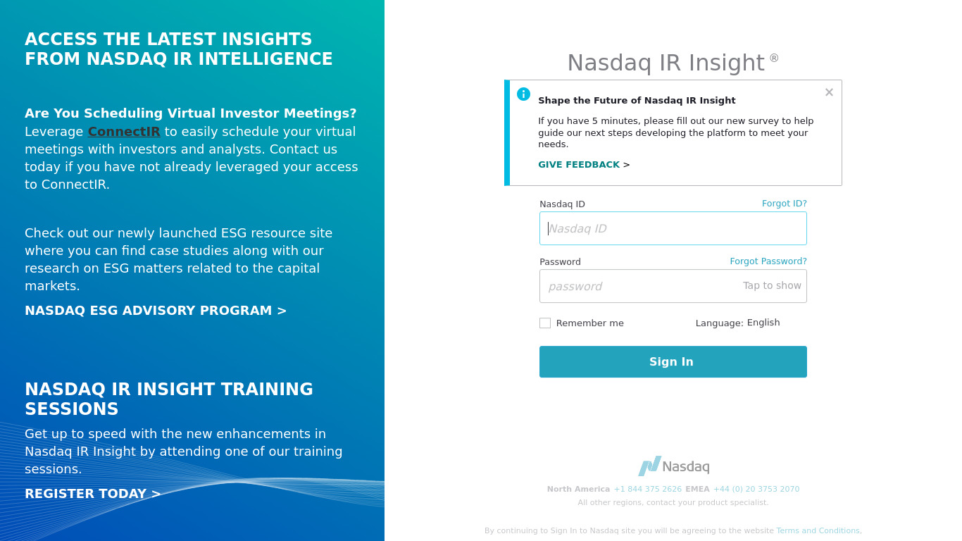 Nasdaq IR Insight Landing page