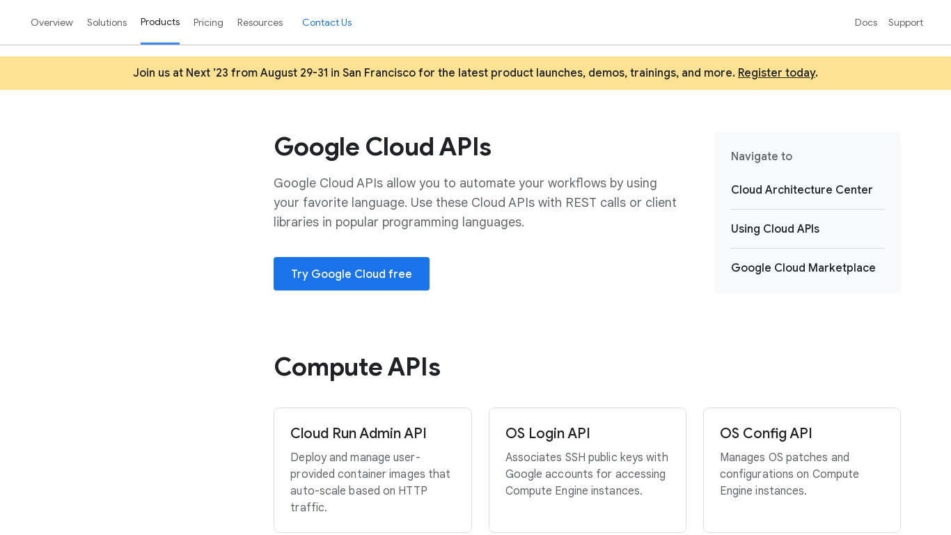 Google Cloud APIs Landing page