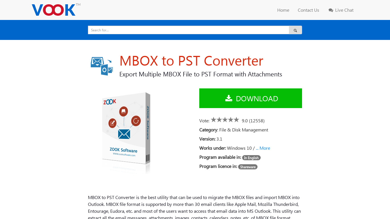 VOOK MBOX to PST Converter Landing page