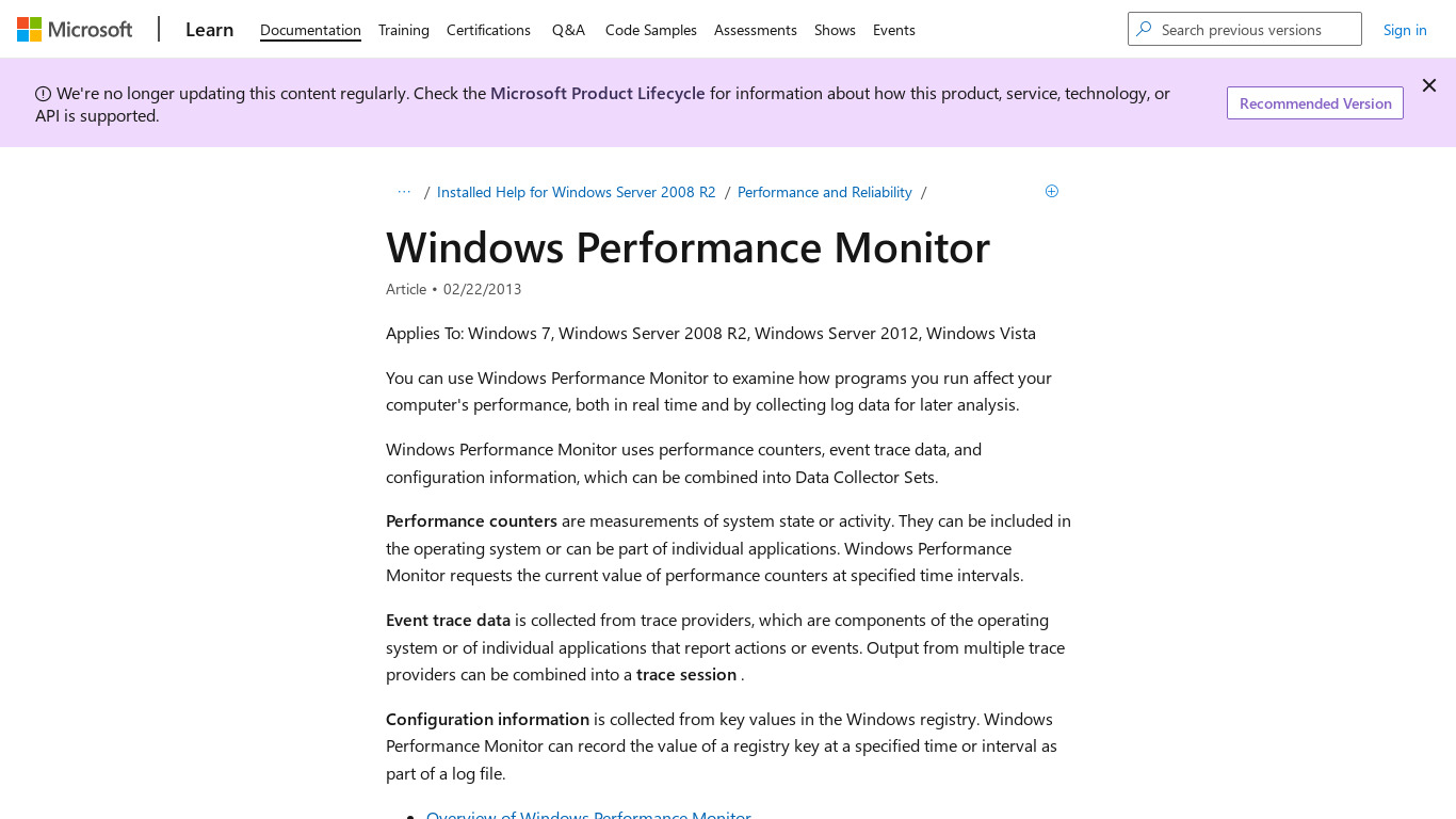 Windows Performance Monitor Landing page