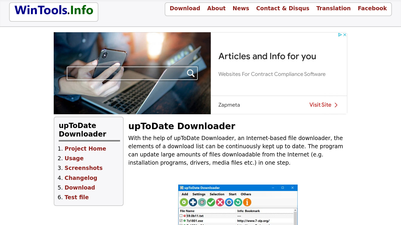 upToDate Downloader Landing page